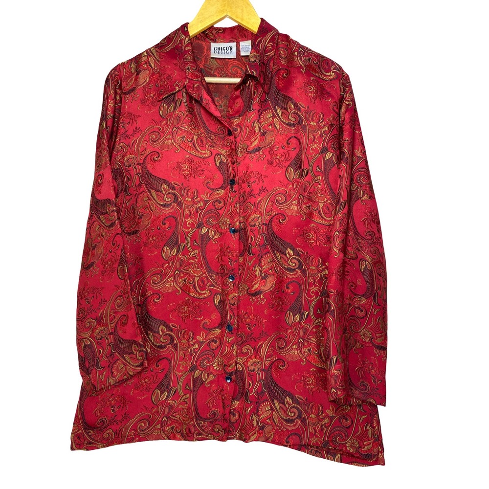 Chicos Design Red Silk Blend Paisley Jacquard Button Down Shirt Womens Size‎ 1 M